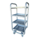 Four-wheeled dessert trolley with 4 perforated metal shelves.