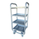 Four-wheeled dessert trolley with 4 perforated metal shelves.