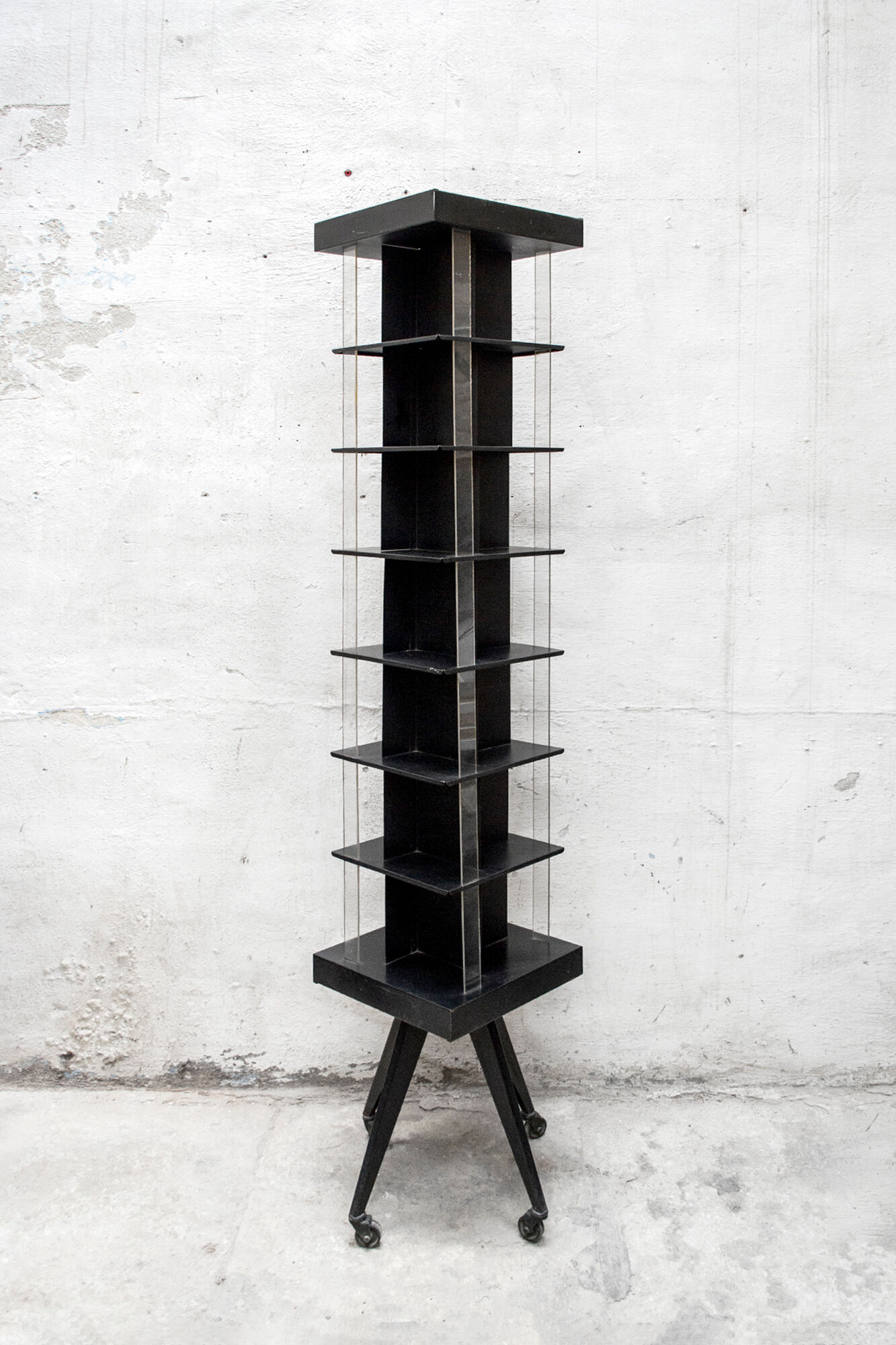 Iron and plexiglas bookcase with wheels, Italy 60s