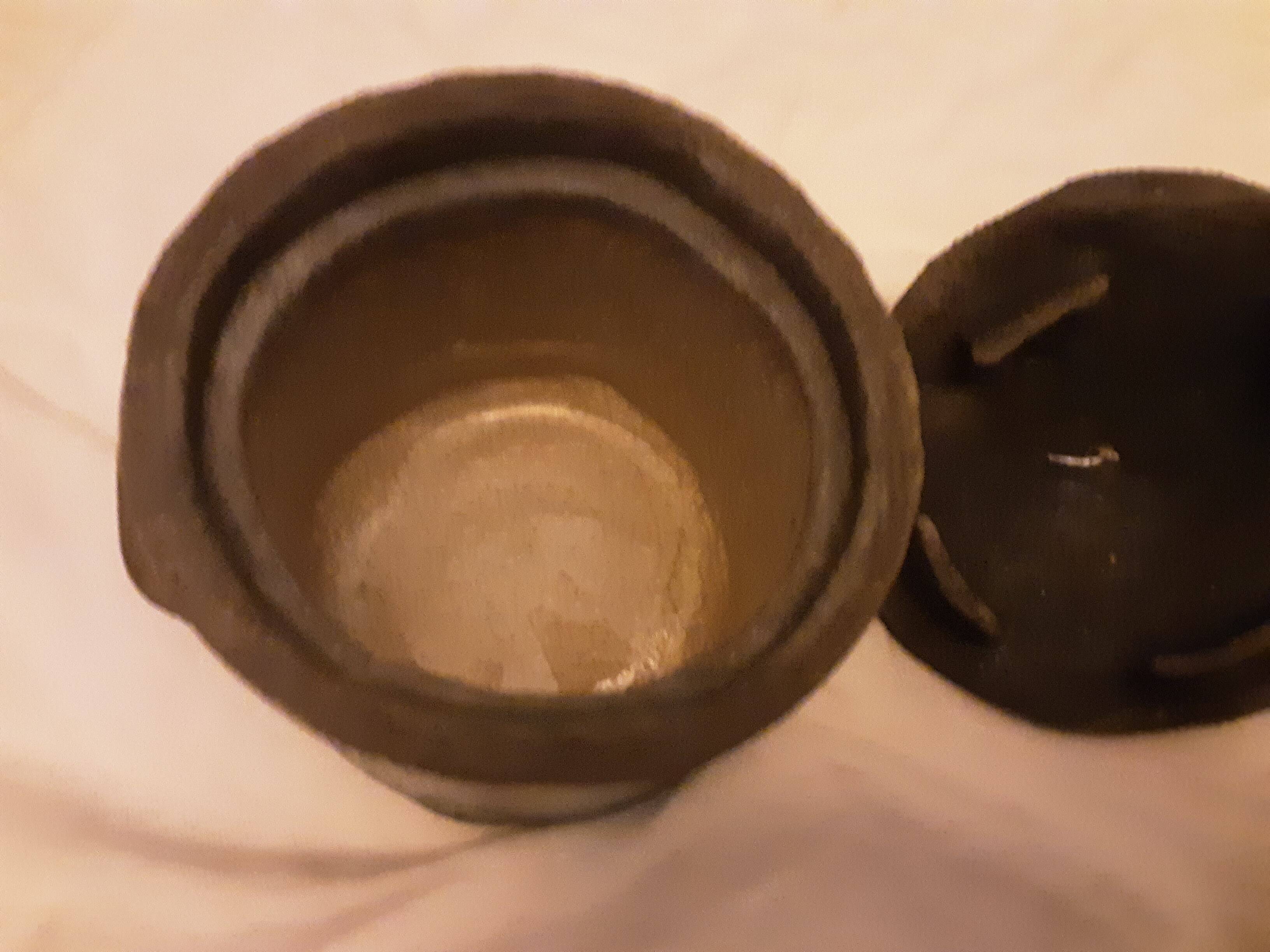 Glazed terracotta pot, gloss and matte, black felt lined on the base