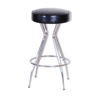 Tabouret de bar noir en cuir, fabriqué dans les années 1930