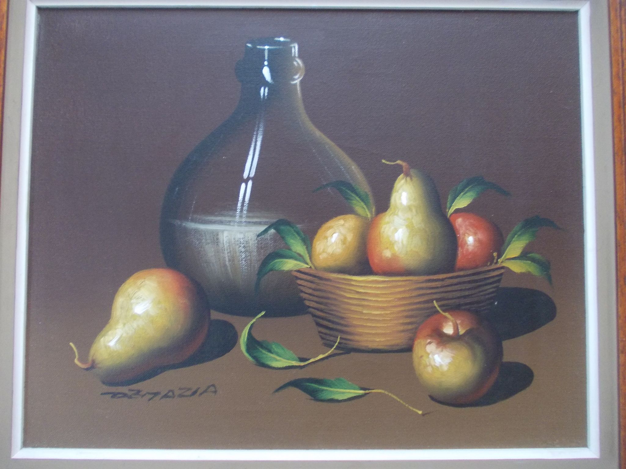 Painting OIL ON CANVAS Still life, BY MAZIA Violet, pears apples kitchen, wooden frame