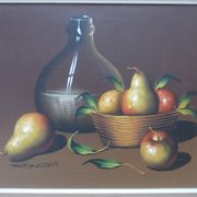 Painting OIL ON CANVAS Still life, BY MAZIA Violet, pears apples kitchen, wooden frame