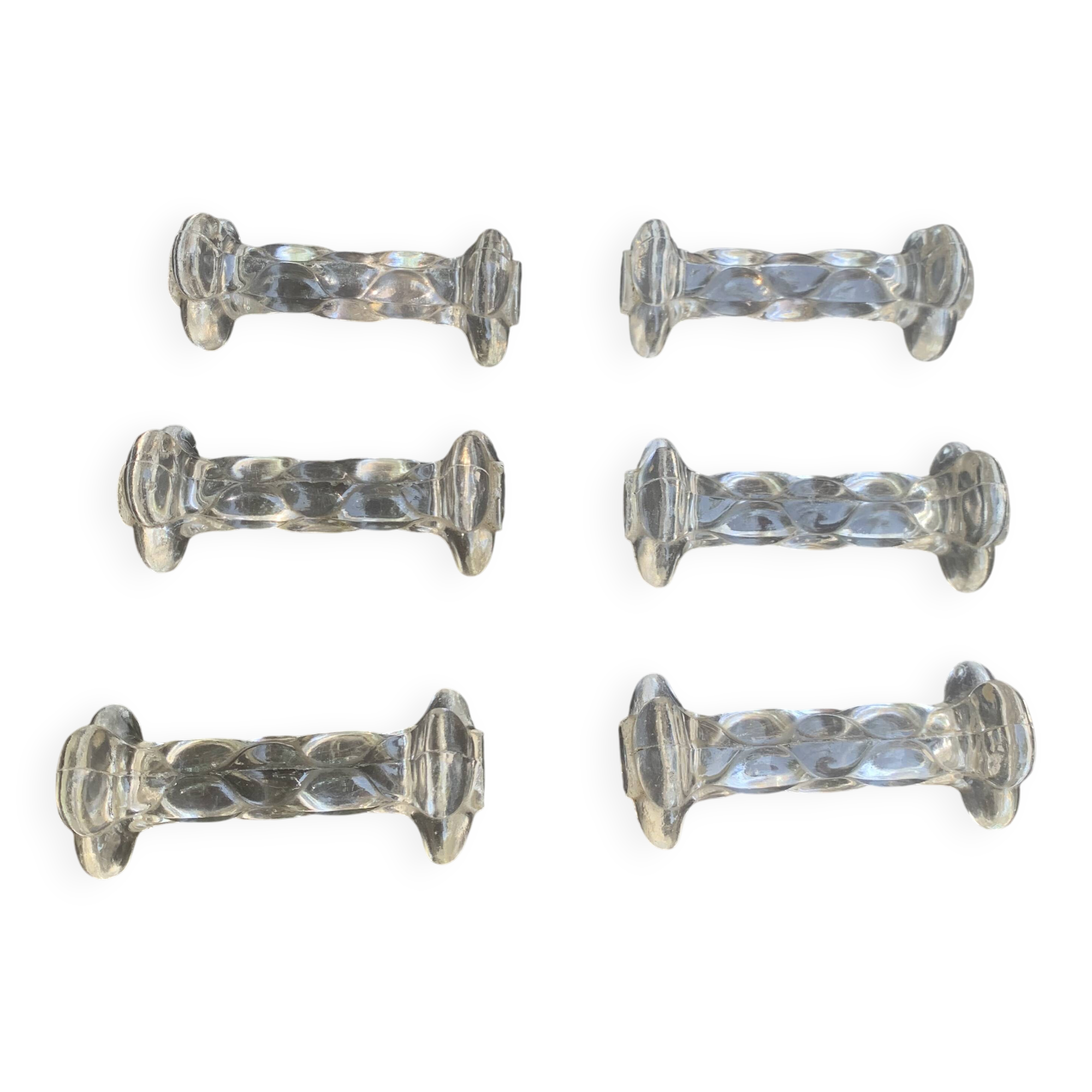 6 transparent glass knife holders, flower shape, antique twists