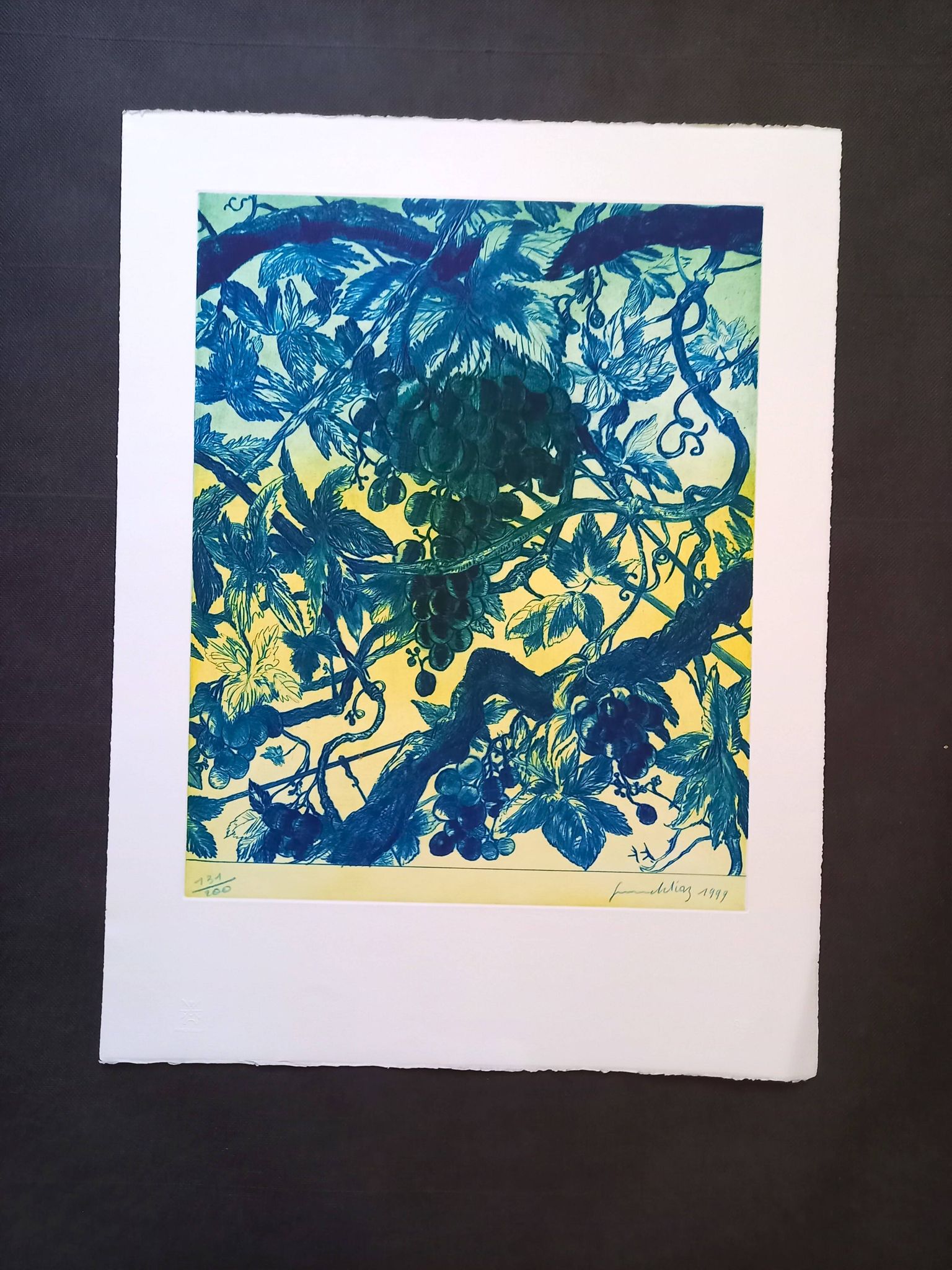 Original lithograph by Gérard Diaz (1938-2021), "the vine, the grape, the wine", 1999.