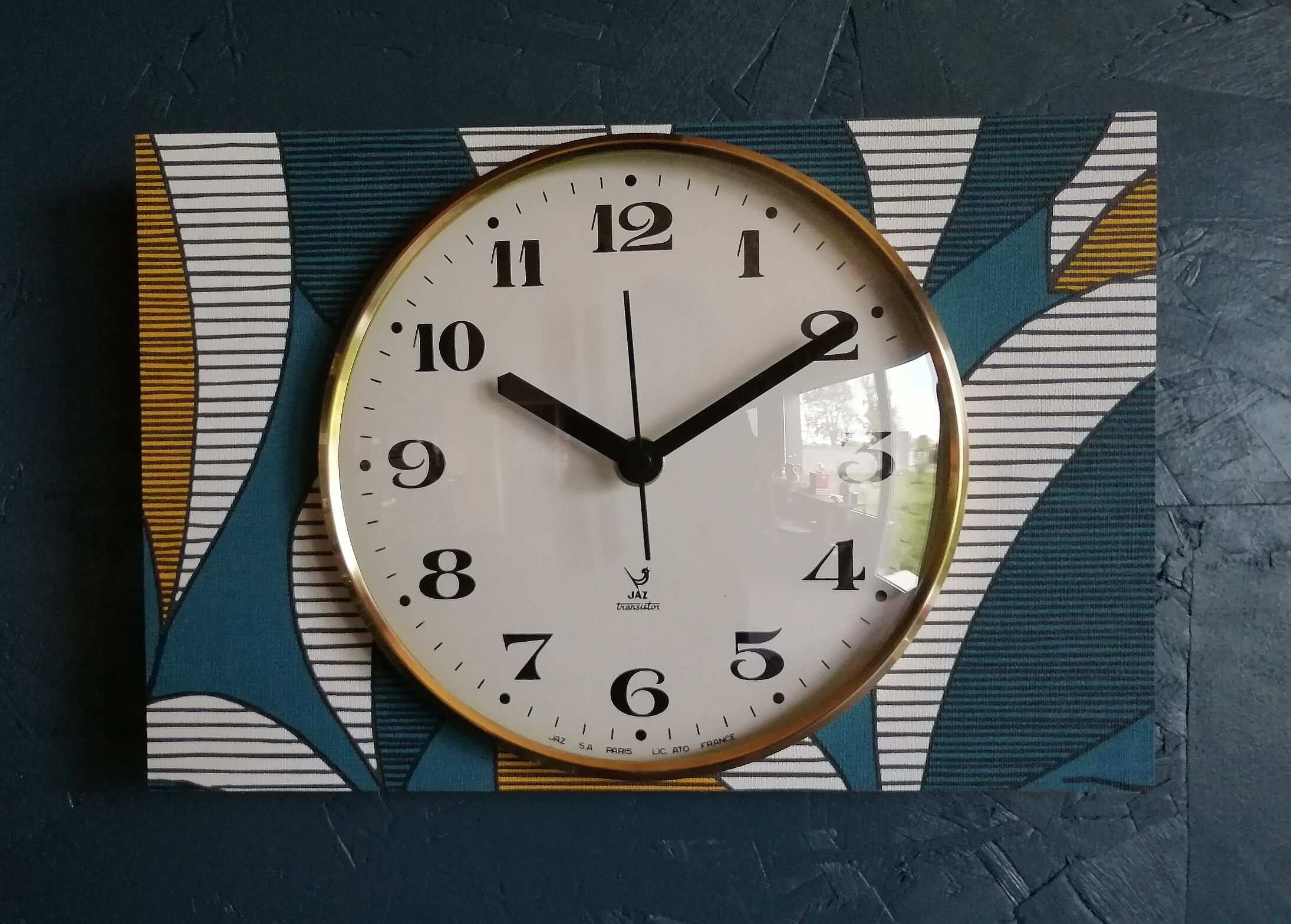 Vintage clock rectangular silent wall clock "Jaz blue white ochre"