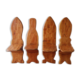 Series of 4 brutalist chairs carved in solid pine 1970
