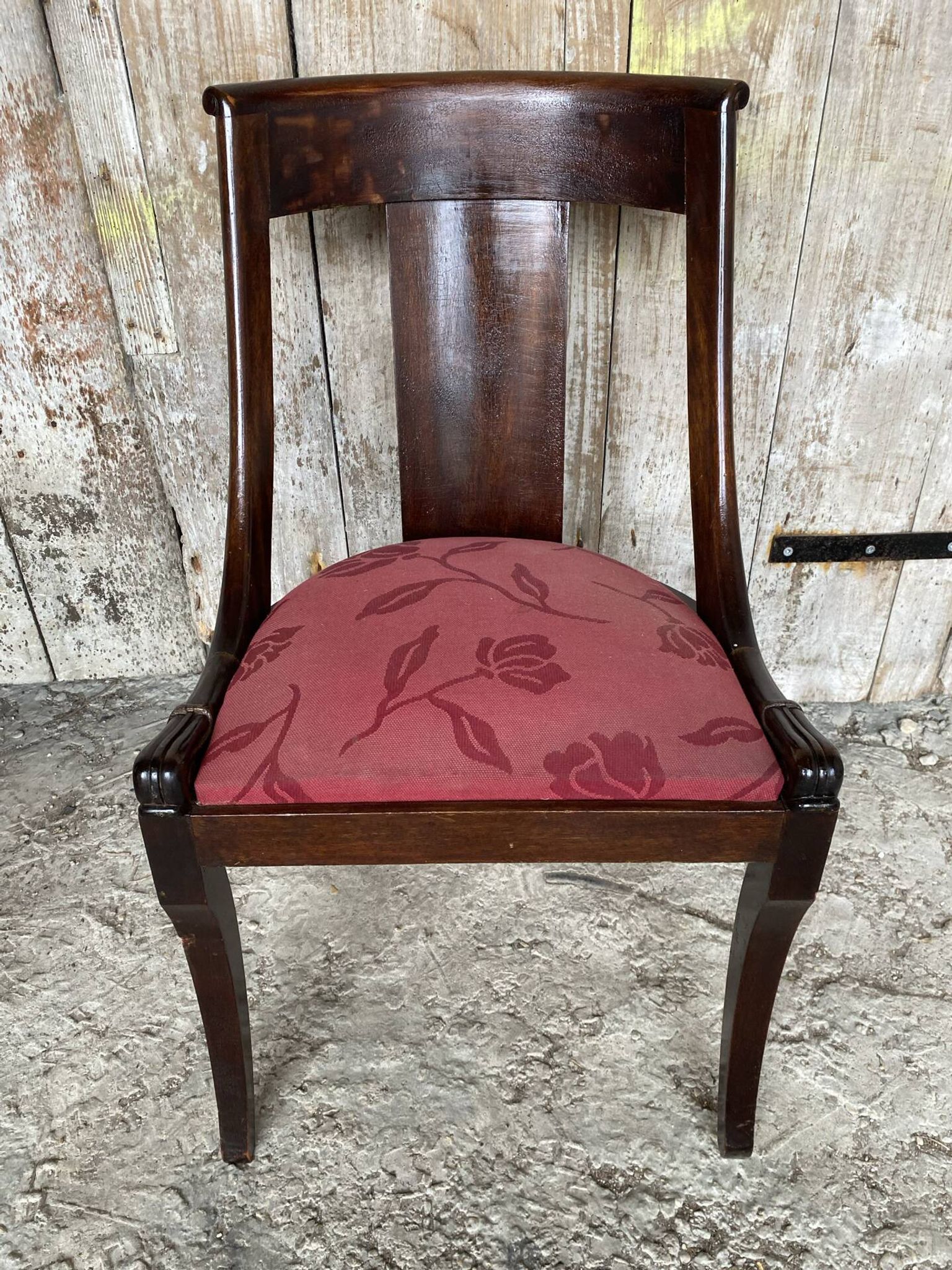 Antique Gondola Chair Empire Style Wood + Red Floral Vintage Fabric