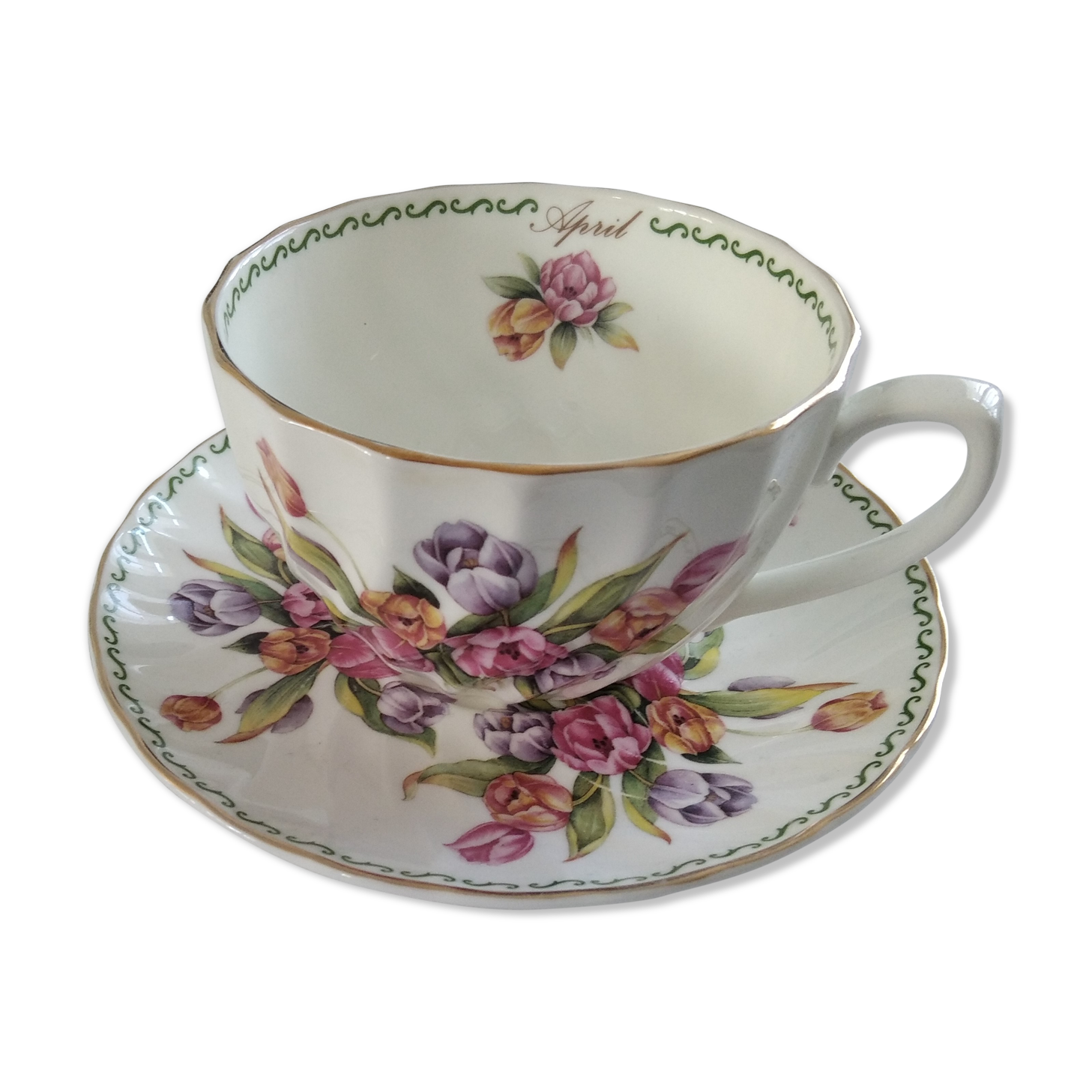 Large April tea cup and Windsor English porcelain saucer
