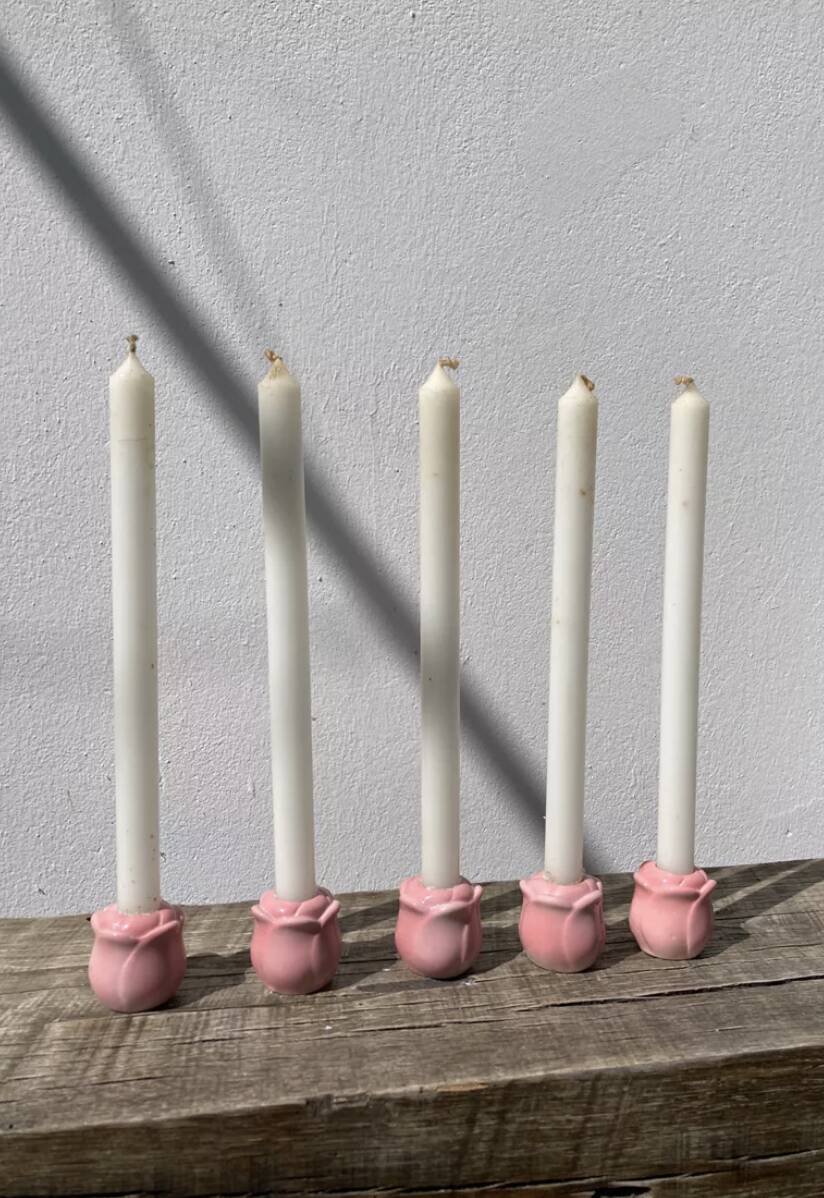 Set of pink flower ceramic candle holders