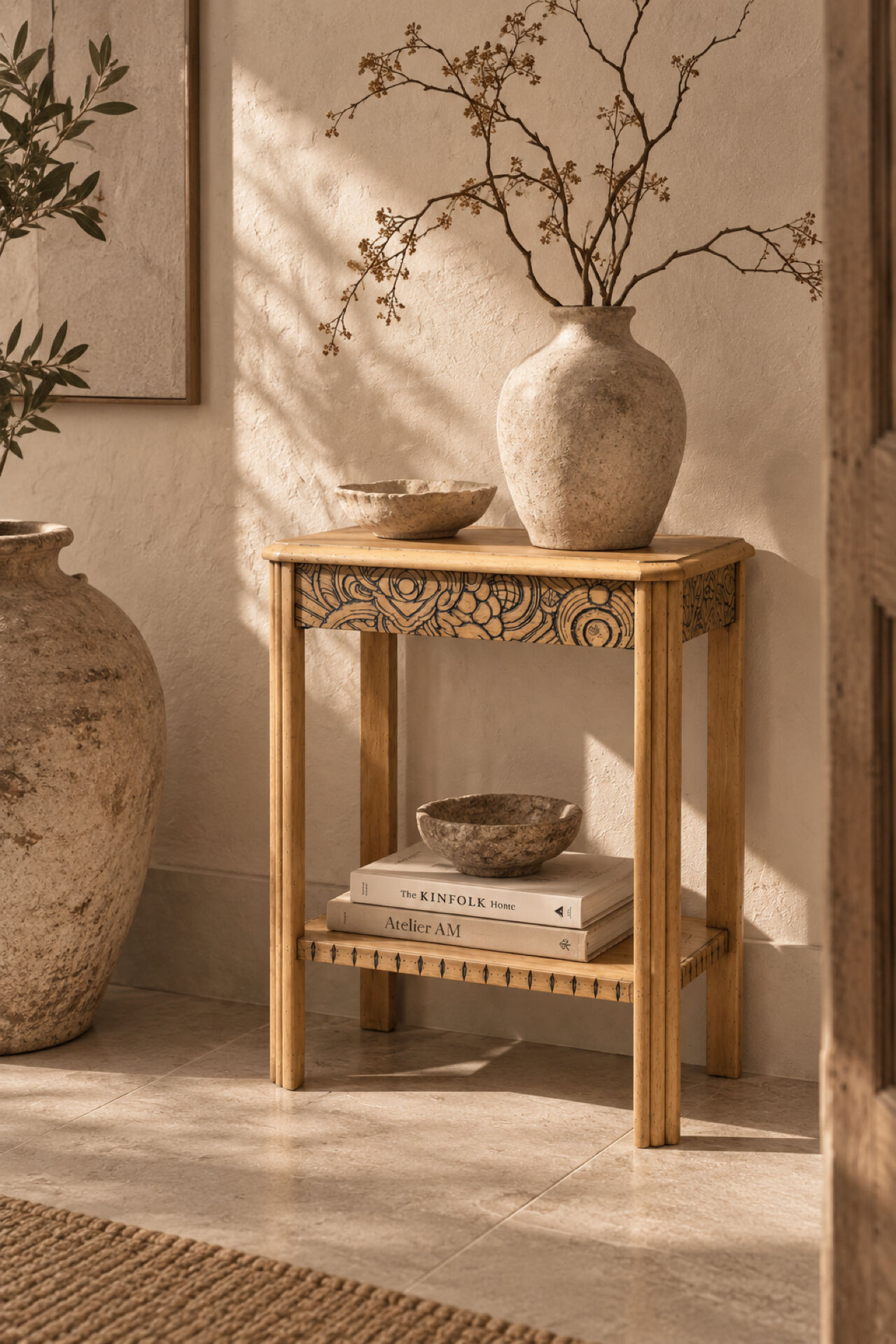 Art Deco console in raw wood with floral decoration, renovated 1930.