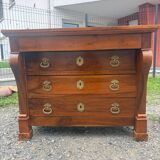 Restoration period walnut chest of drawers with a scroll handle