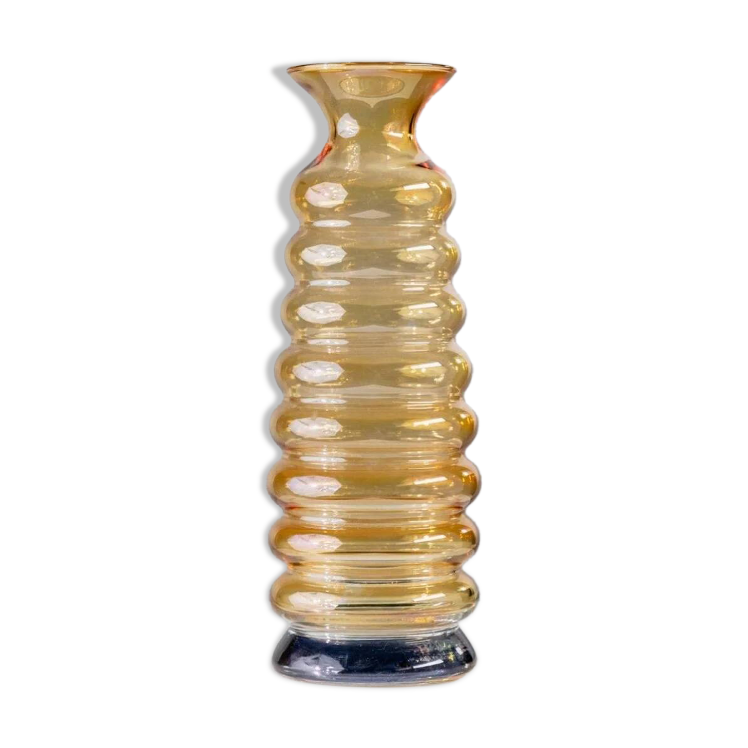 Vase en verre de Murano vintage en jaune et bleu irisé, forme ondulée en bulles, Italie années 1980.