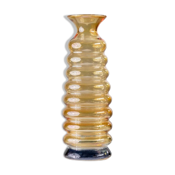 Vintage Murano glass vase in yellow and blue iridescent, wavy bubble form, Italy 1980s
