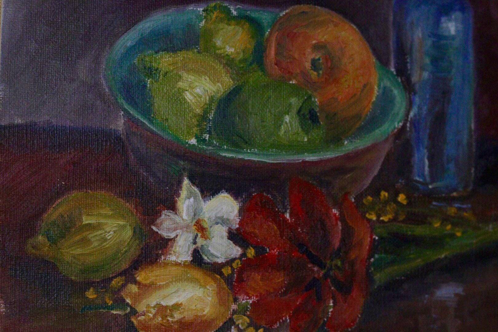 "Still Life, Bottle and Fruits" by Denoran