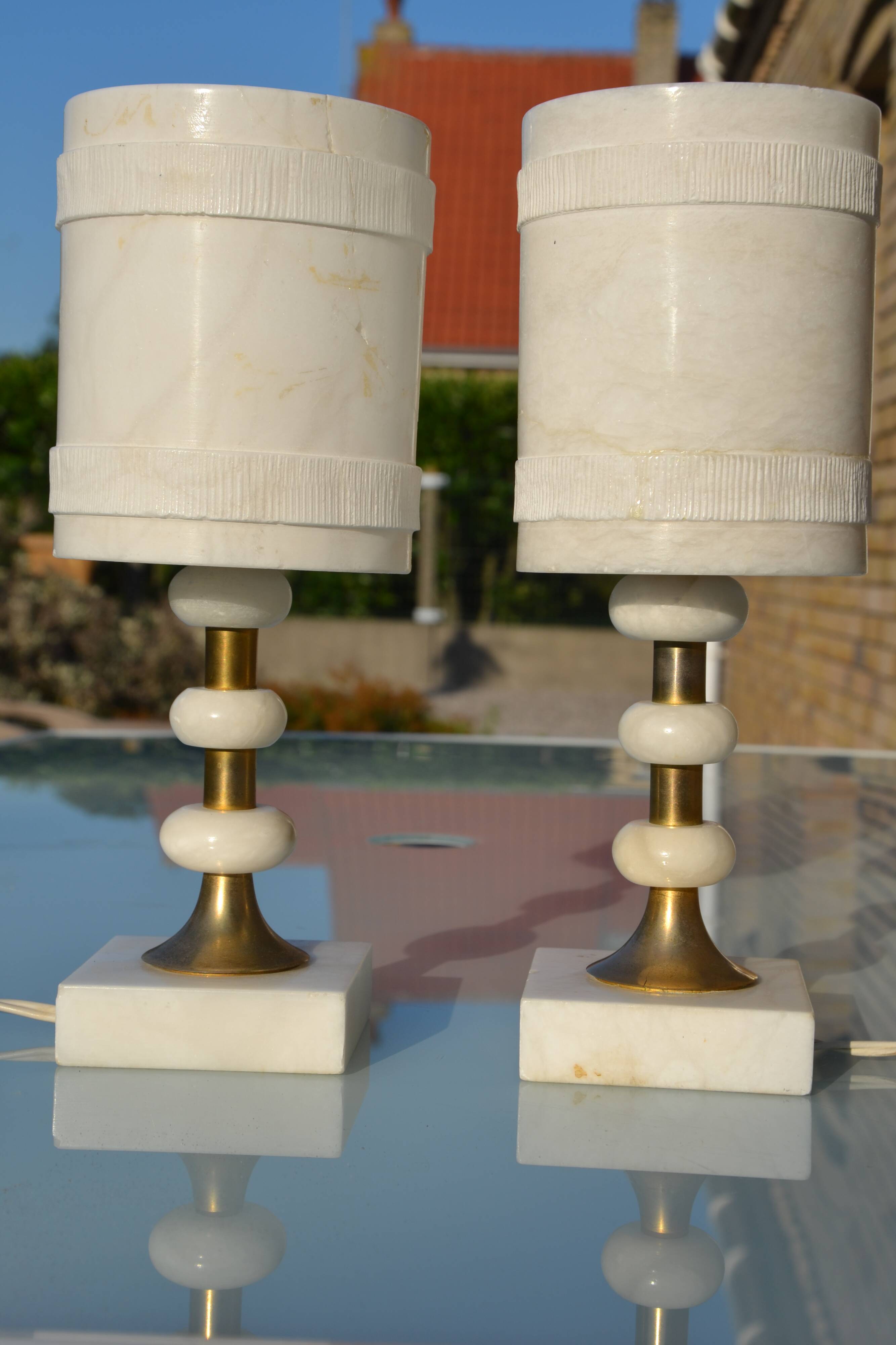 2 white alabaster and brass bedside lamps from the 60s
