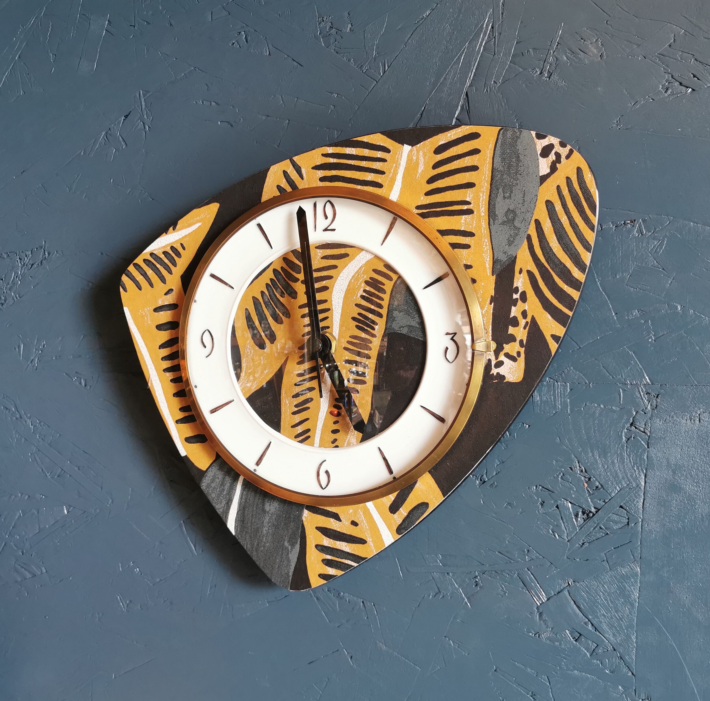 Vintage formica clock asymmetrical silent wall clock "Ochre gray black"