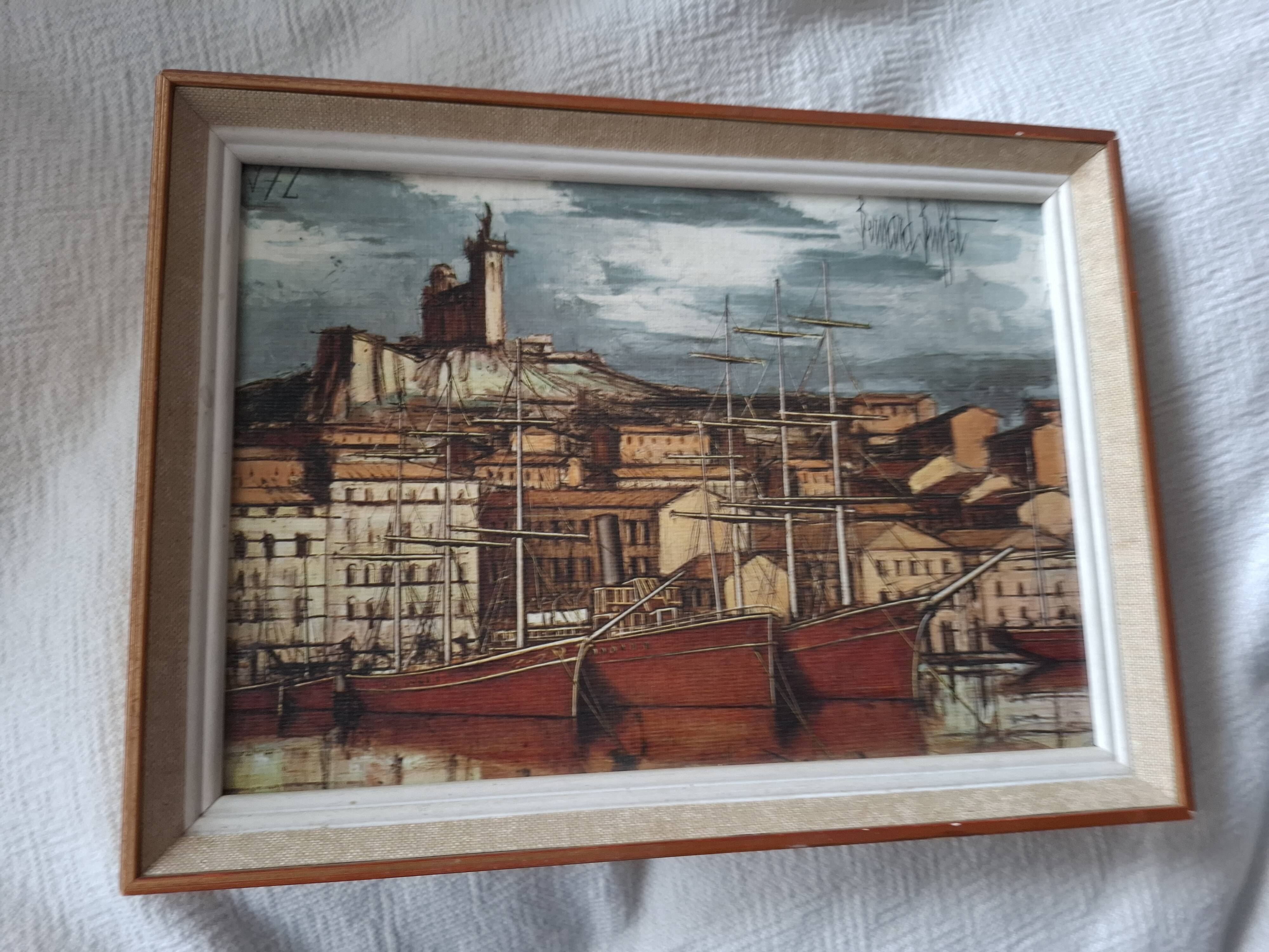 Tableau bernard buffet , marseille , bateaux dans le vieux port , edition braun
