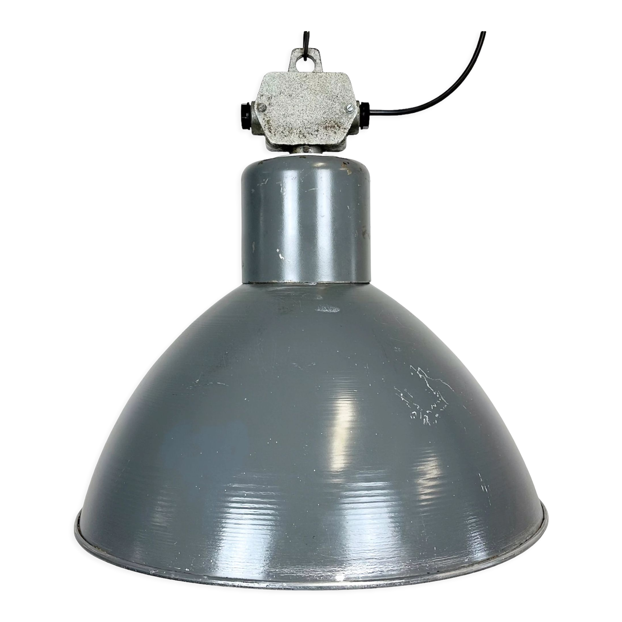 Grey industrial aluminium pendant lamp from polam wilkasy, 1960s