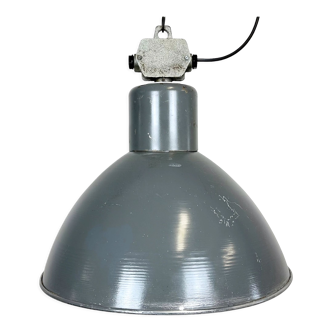 Grey industrial aluminium pendant lamp from polam wilkasy, 1960s