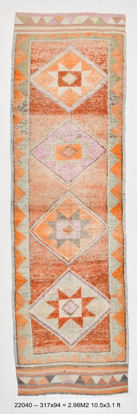 3x10 Orange & Beige Persian Vintage Runner Rug, 94x317Cm SK 22040