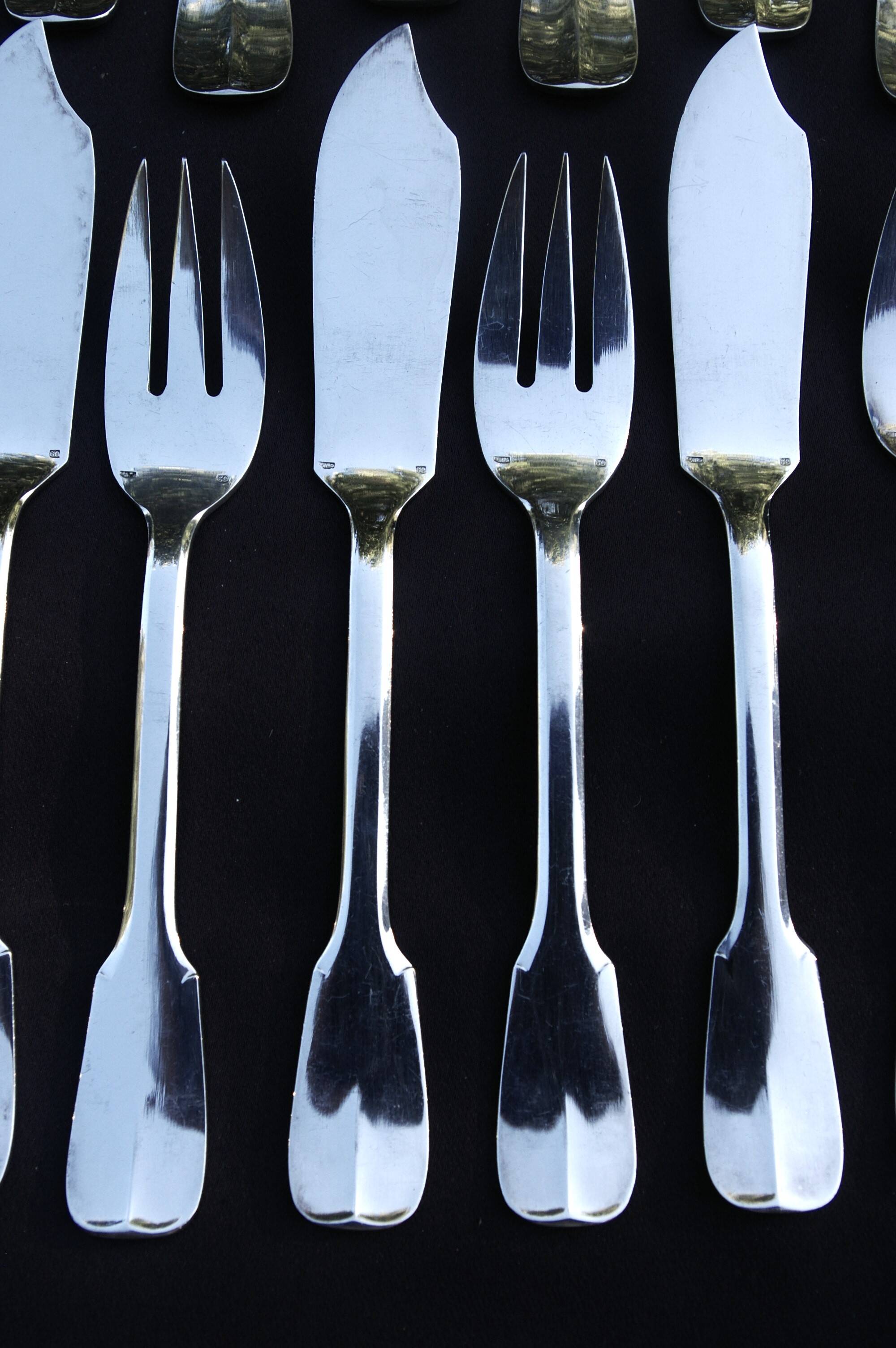 12 Silver Plated Fish Cutlery Sets (Forks + Knives)