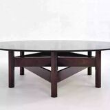 Table basse en bois et plateau rond en verre fumé
