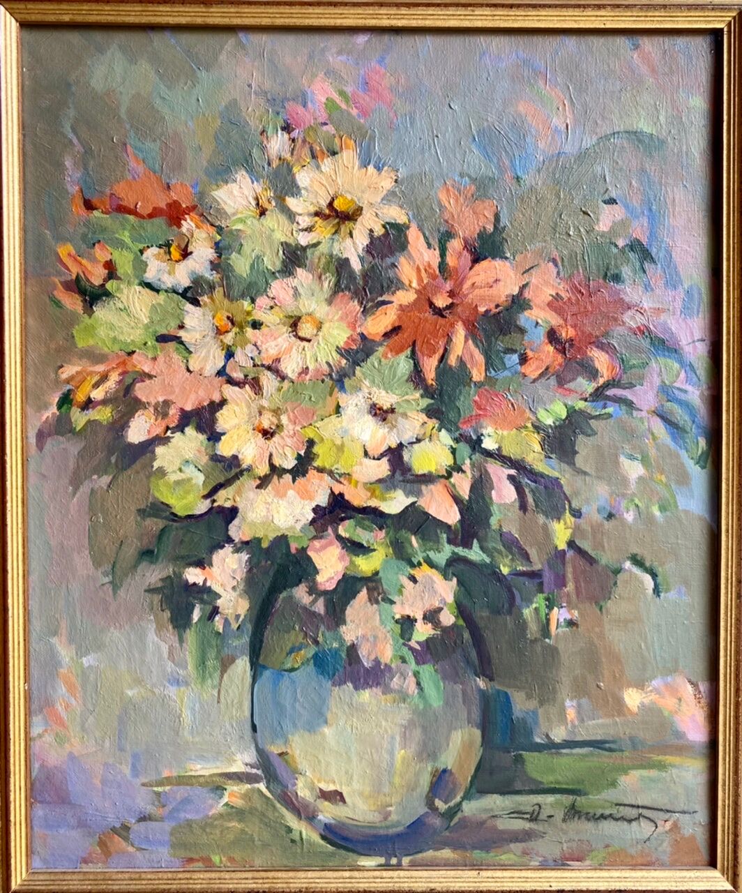 Antique painting, Still life with wild flowers, signed, 20th century