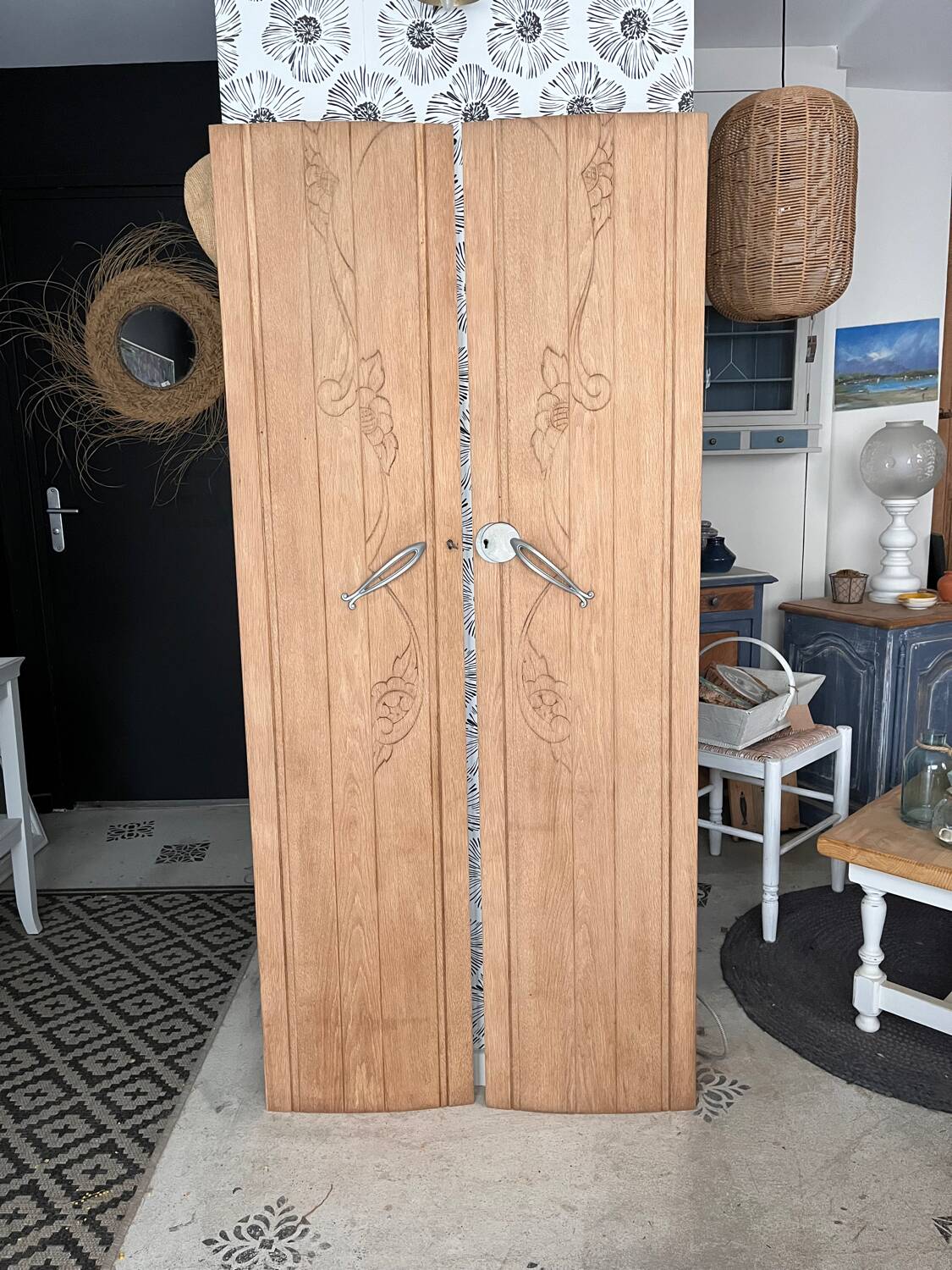 Vintage Art Deco duo of doors Rose and Daisy solid oak wood