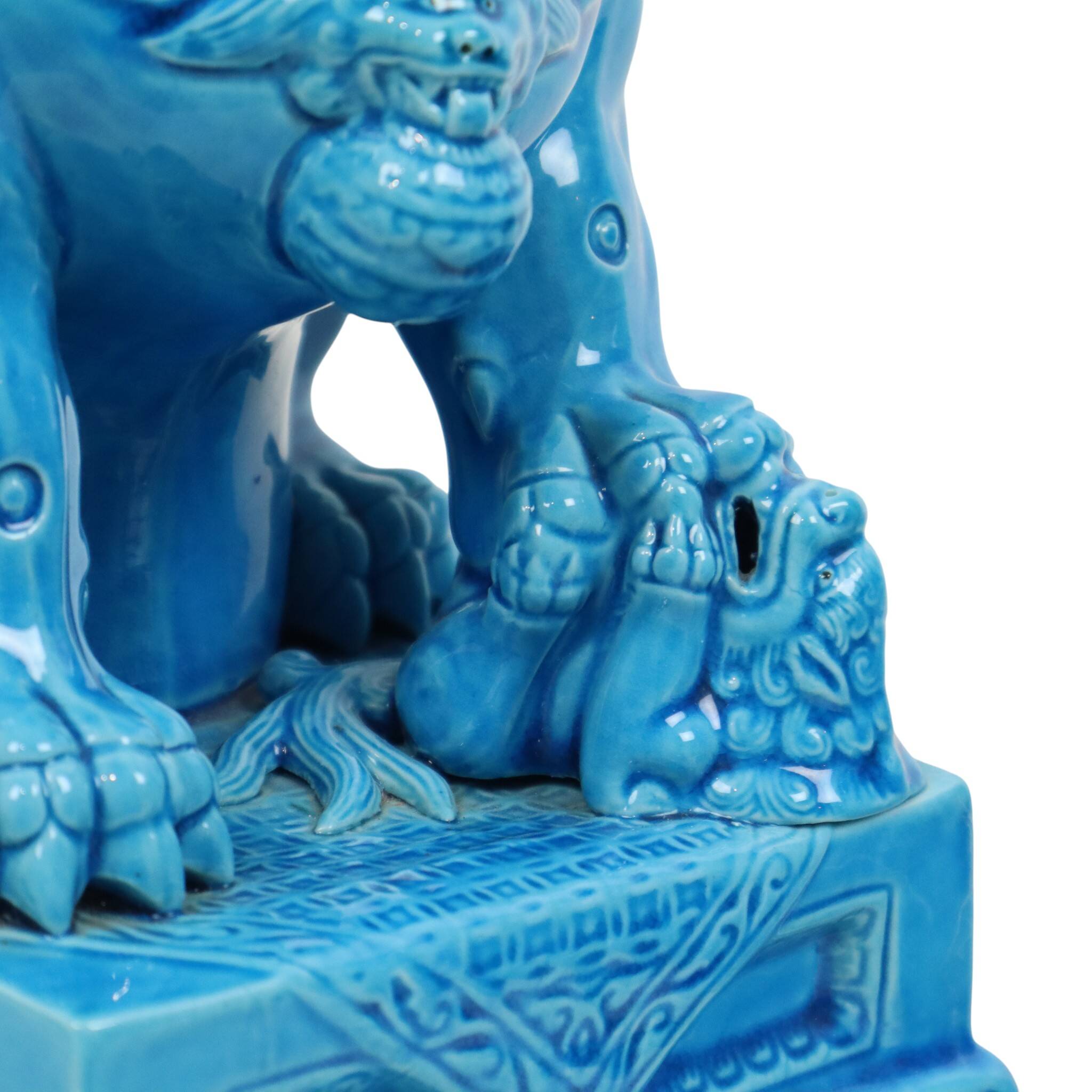 Large Temple Lion Statues Foo Dogs Blue Porcelain 25cm