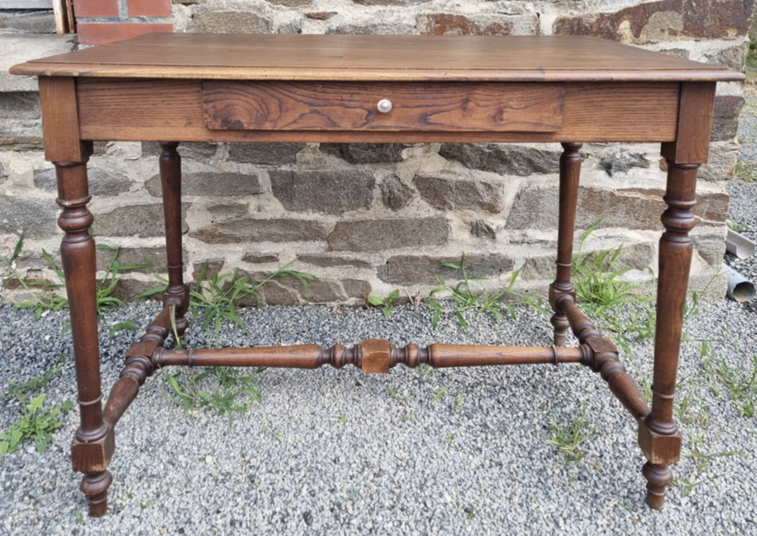 Writing table or wooden desk, Louis XIII style, turned feet, vintage