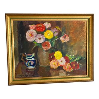 Oil on canvas still life bouquet of flowers