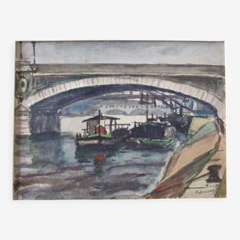 André Duculty (1912-1990) Watercolor on paper "Pont d'Arcole à Paris" Signed lower right