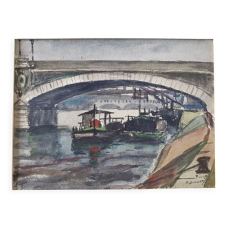 Aquarelle sur papier "Pont d'Arcole à Paris" Signée en bas à droite André Duculty (1912-1990)