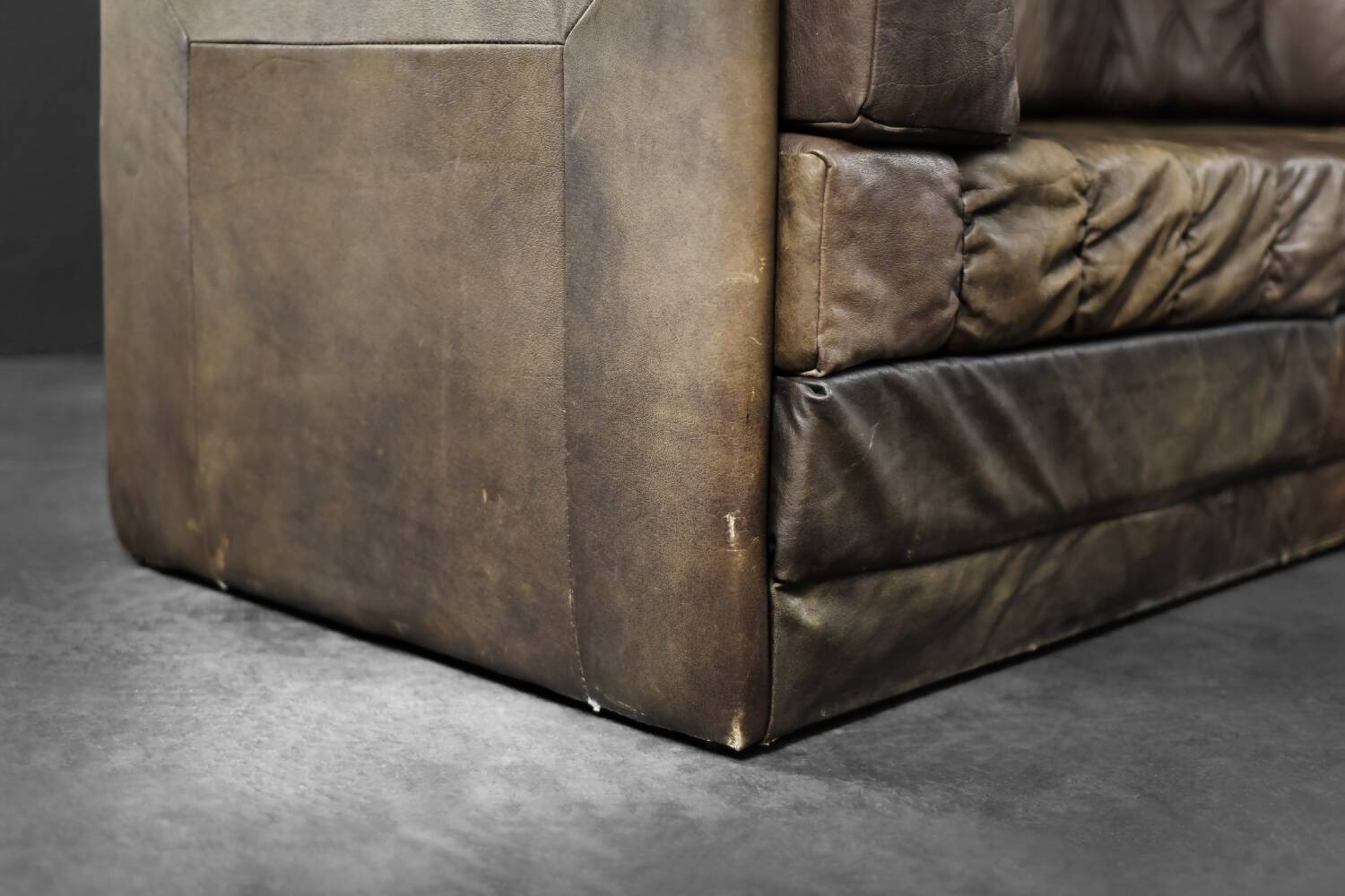 Vintage Mid-Century Modern German Brutalist 2-Seater Brown Leather Bed Sofa