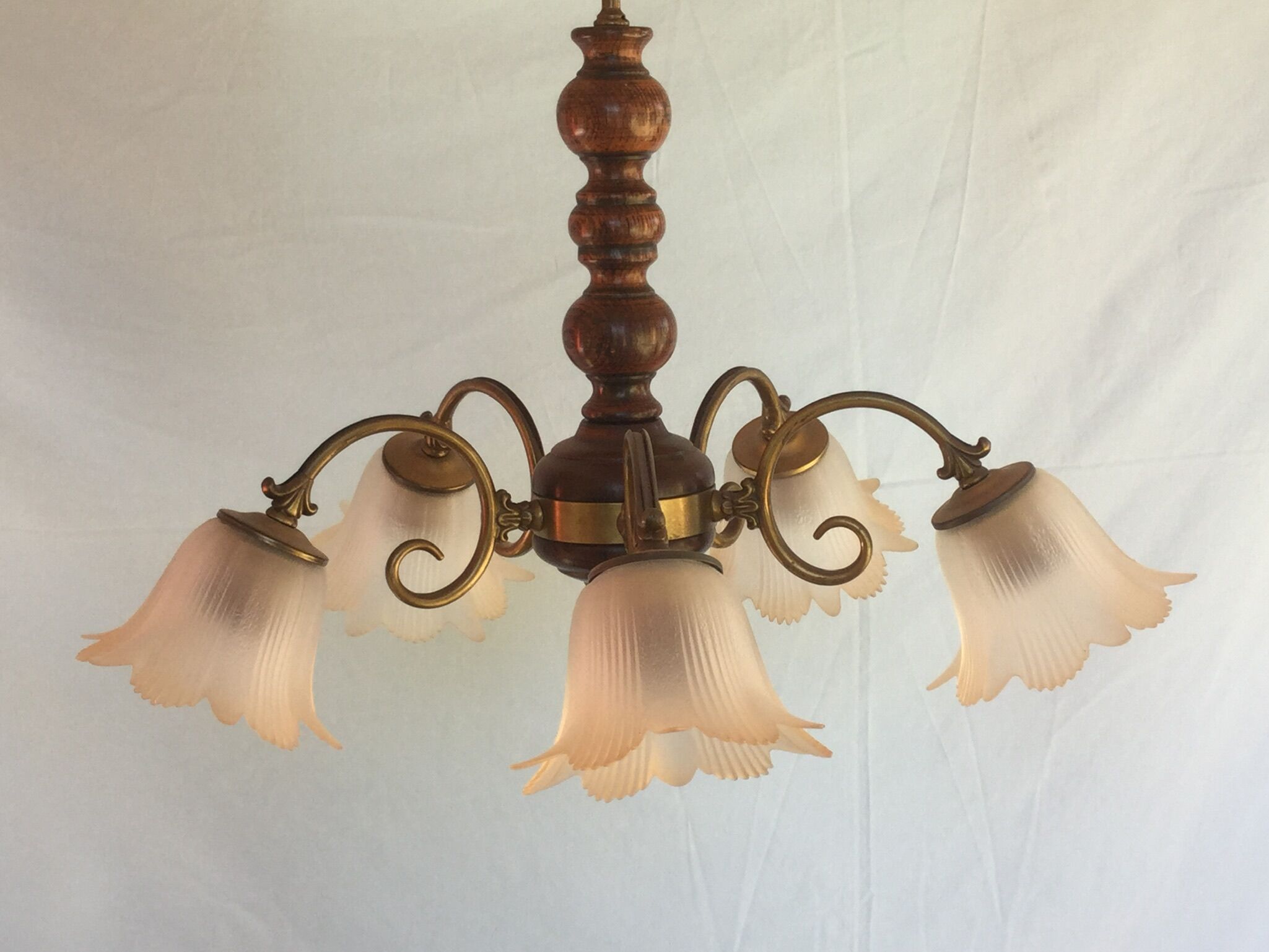 5-branched chandelier brass, wood and glass