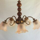5-branched chandelier brass, wood and glass