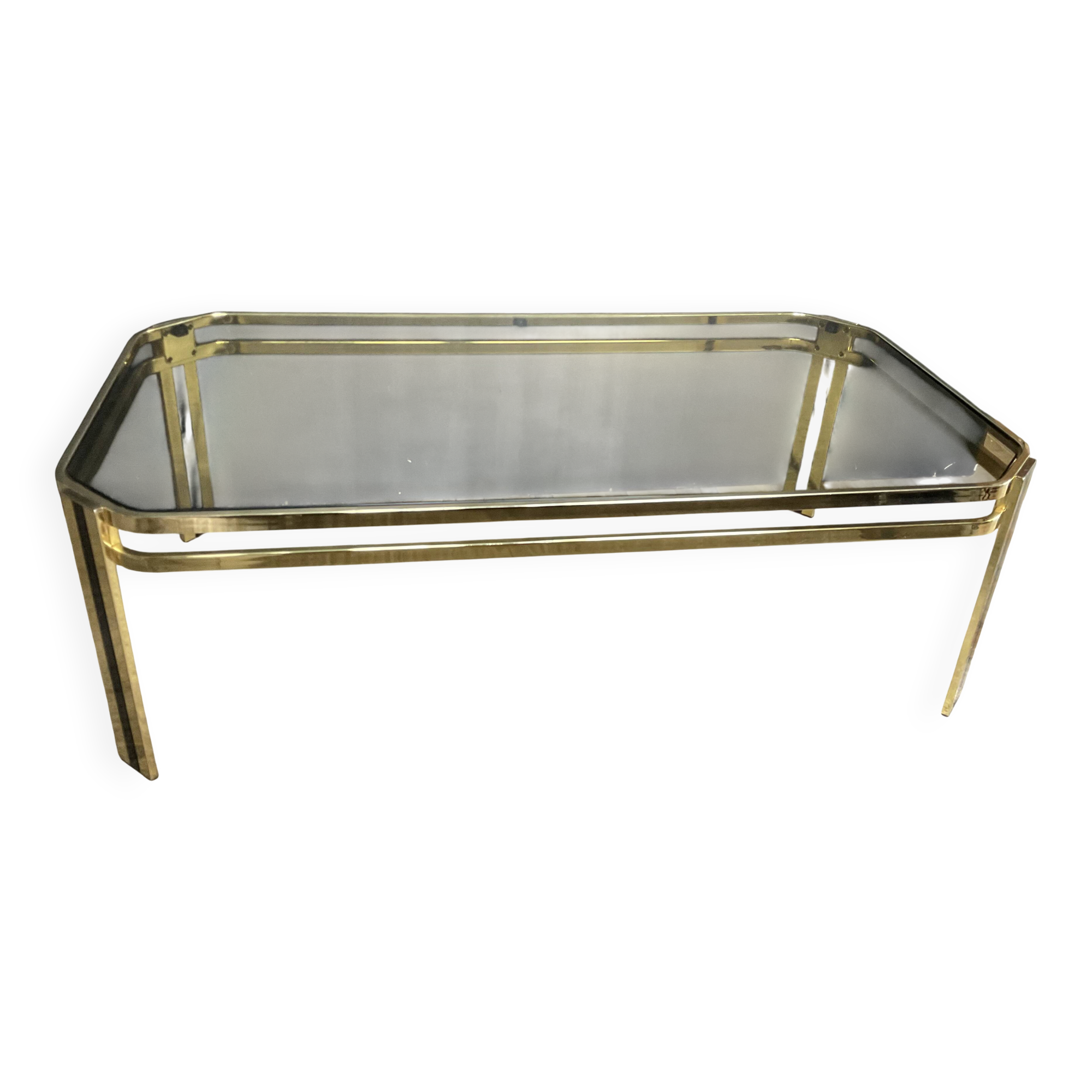 Table basse vintage années 70 en métal doré et verre fumé
