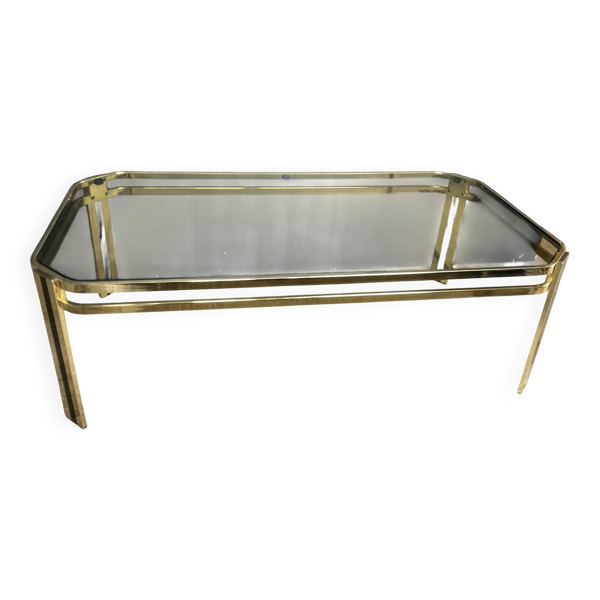 Table basse vintage années 70 en métal doré et verre fumé