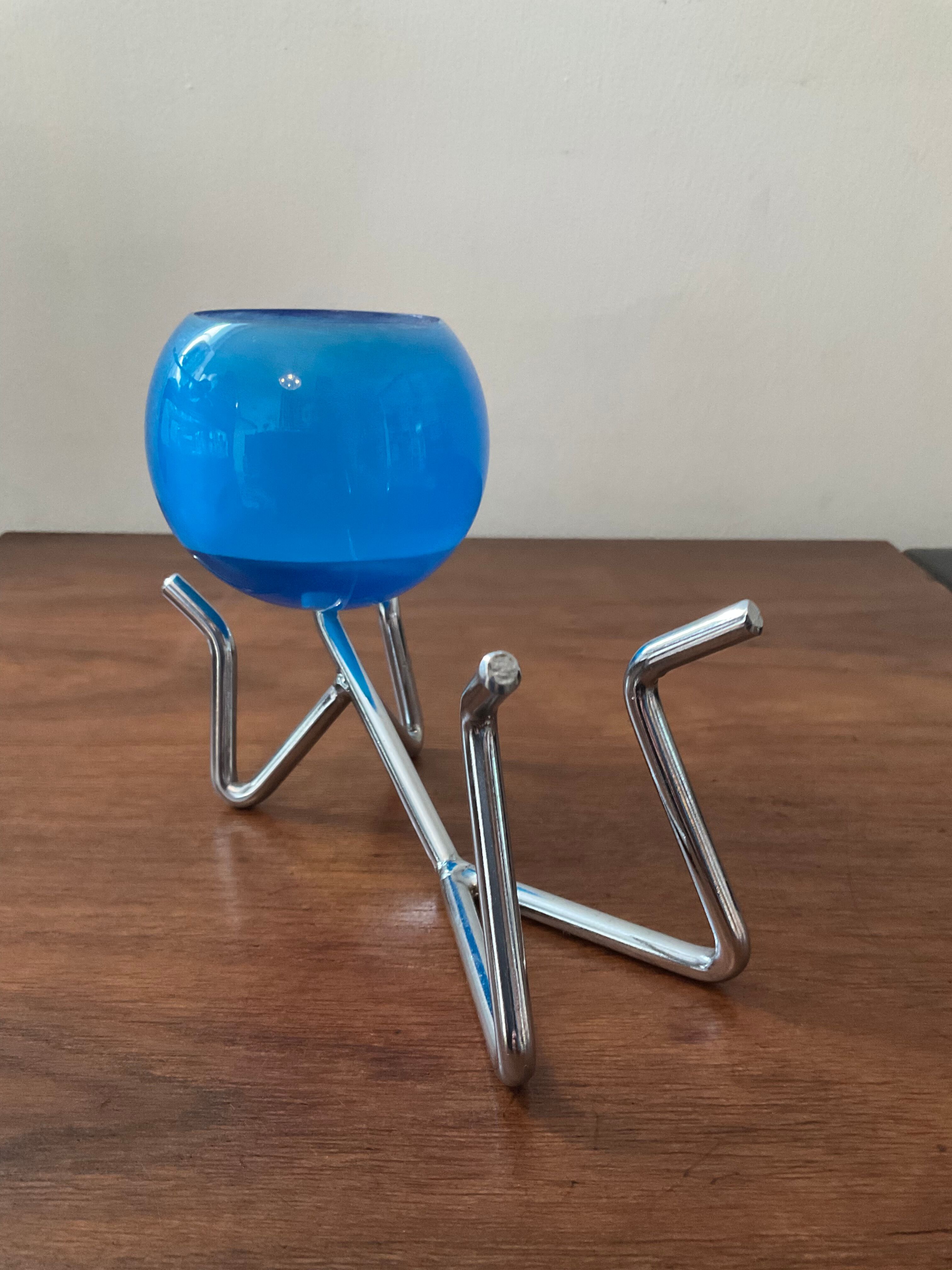 Pair of vintage candle holders 80s in stainless steel and glass paste