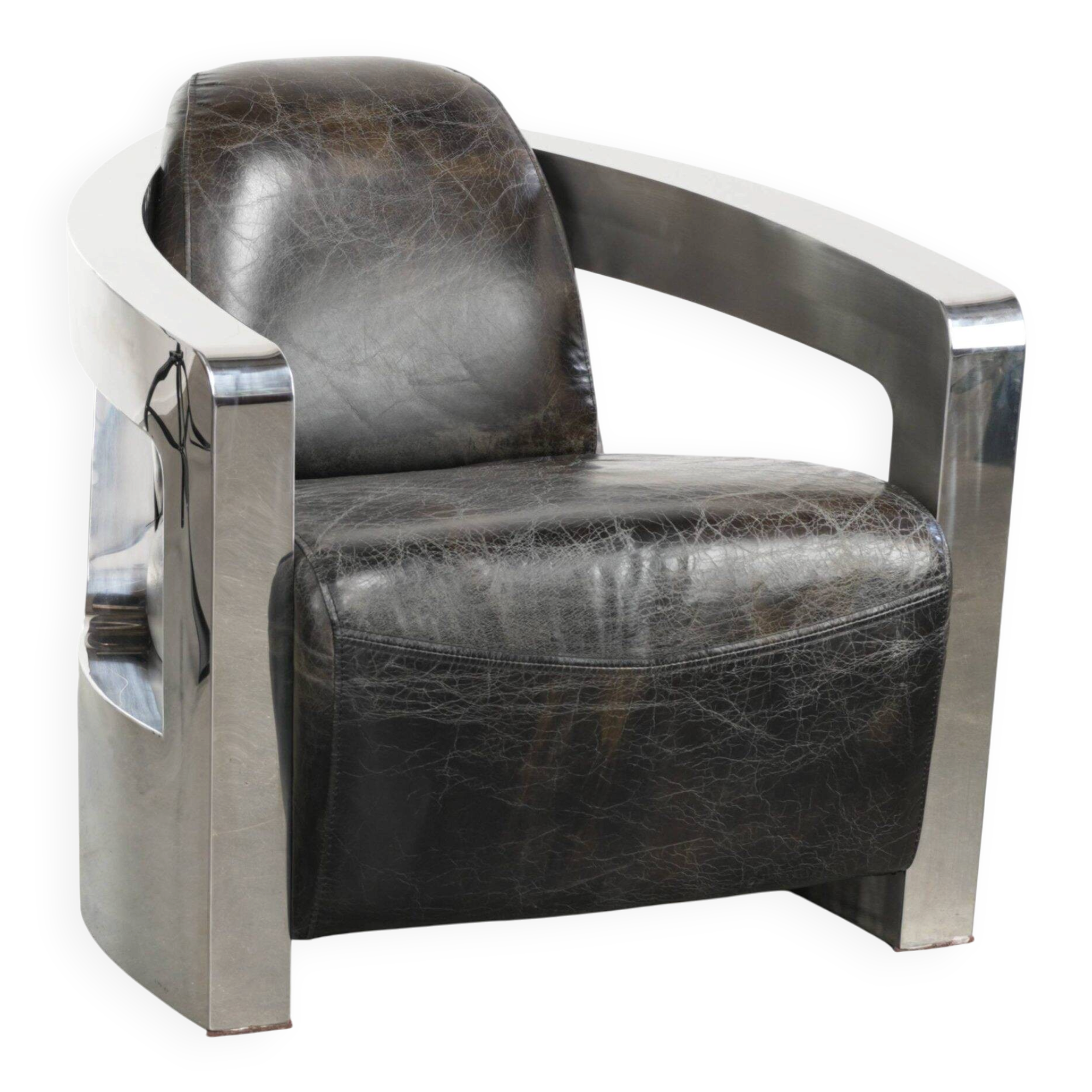 Industrial Aviator design armchair in cowhide finished with aluminium