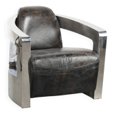 Industrial Aviator design armchair in cowhide finished with aluminium