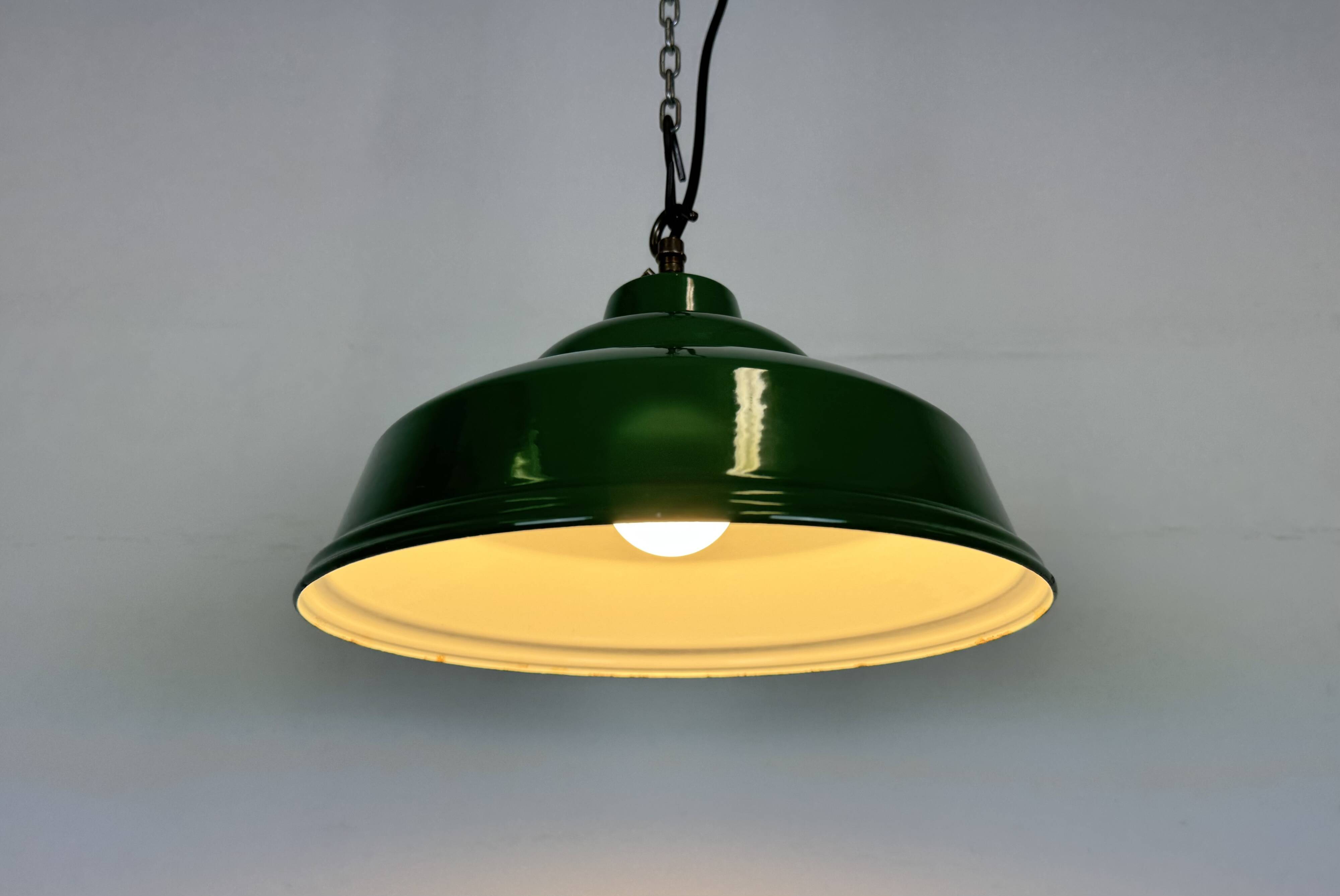 Industrial British Green Enamel Factory Pendant Lamp, 1960s