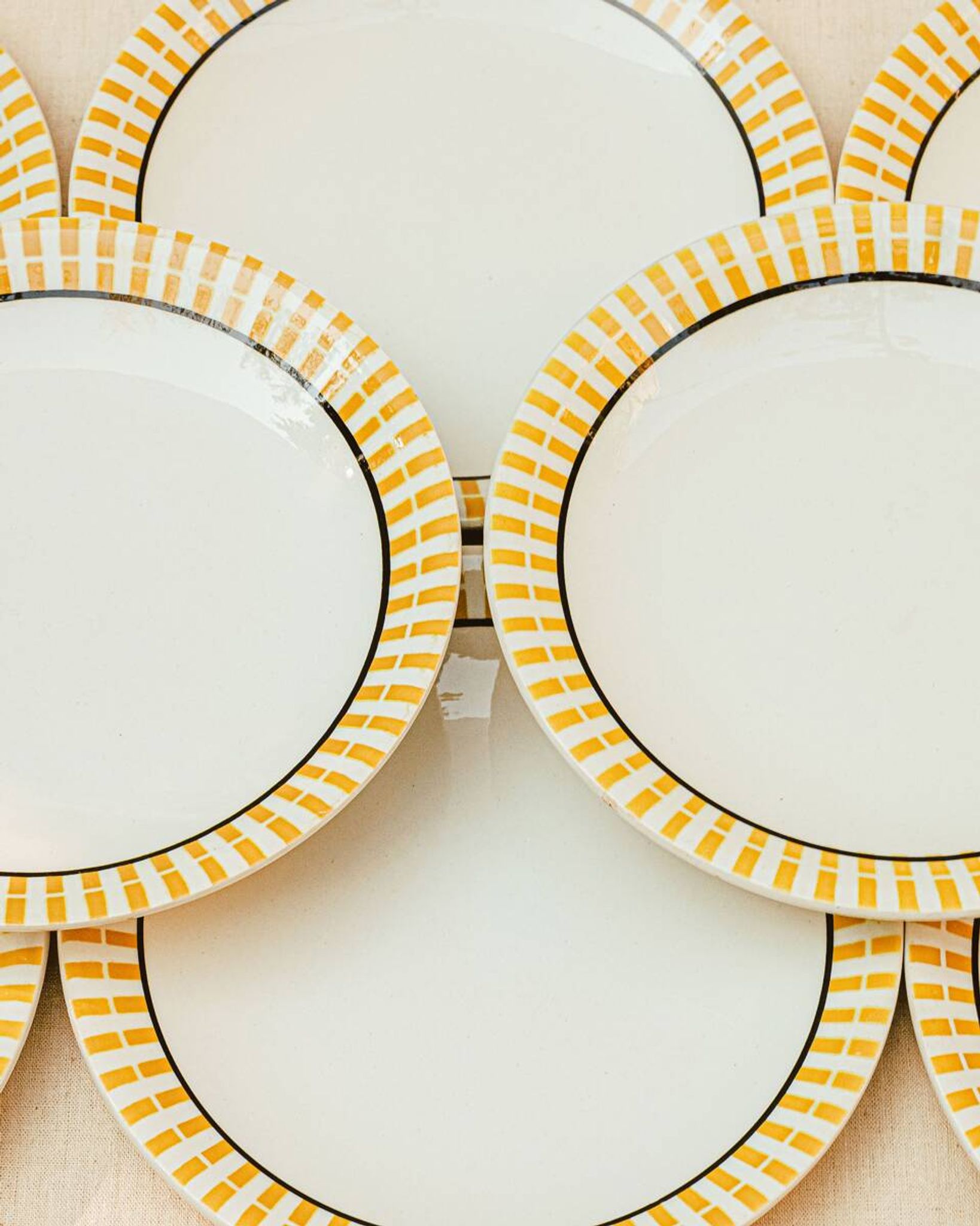 French Country Style Hand Painted Breakfast Plates with Yellow Stripes, Set of 8