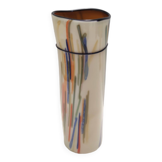Postmodern Beige Cylindric Encased and Hand-blown Opaline Glass Vase, Italy