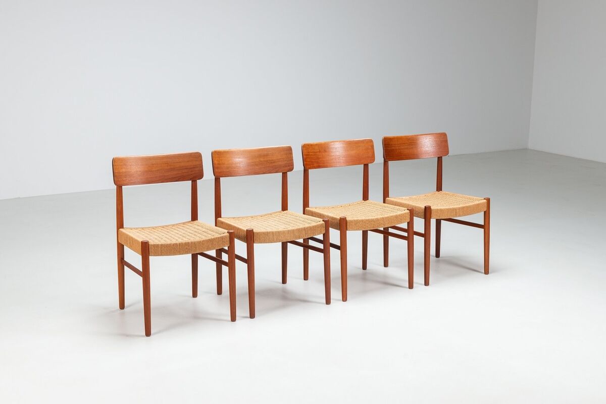 Set of four Danish dining chairs in teak and paper cord, Denmark, 1960