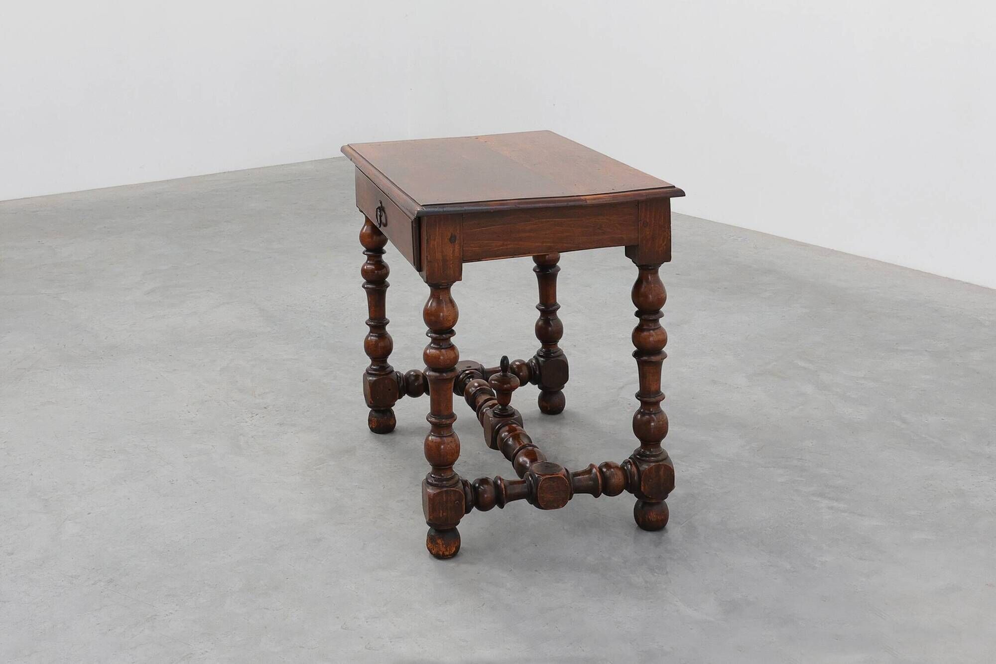 French Louis XIII Walnut Side Table with Drawer and Turned Legs, circa 1850