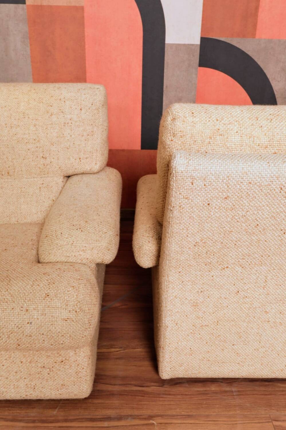 2 minimalist beige armchairs, 1970
