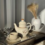 Set of 4 vintage speckled beige stoneware coffee cups.