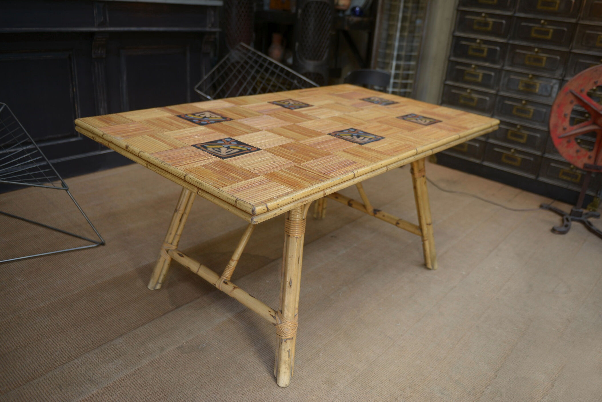 Rattan and ceramic table 1960